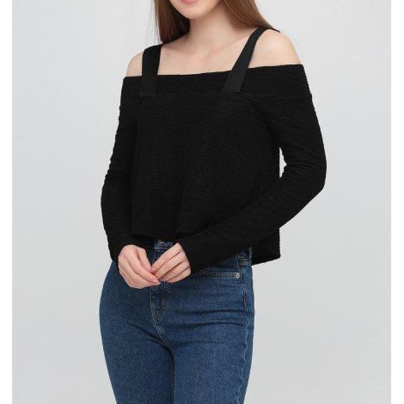 Zara Off-The-Shoulder Top With Straps Black Long Sleeve Travel Crinkled Blouse M - Picture 5 of 9